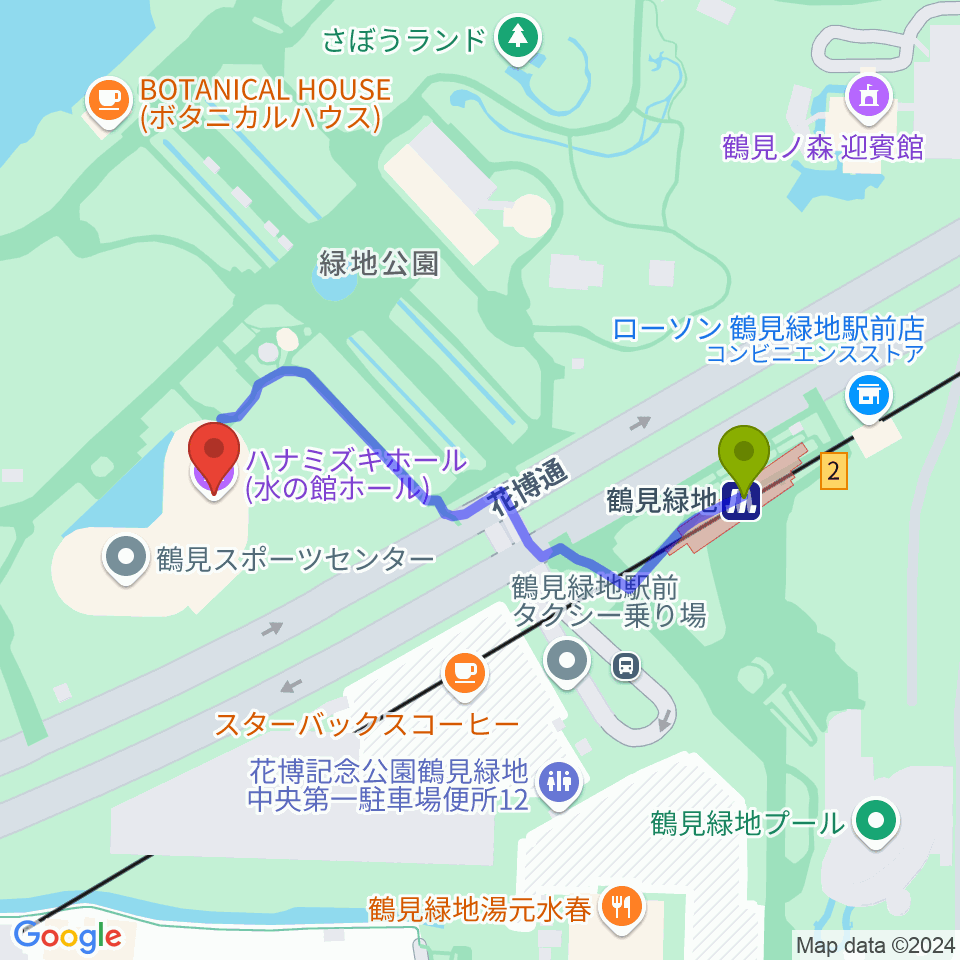 ハナミズキホール（水の館ホール）の最寄駅鶴見緑地駅からの徒歩ルート（約4分）地図