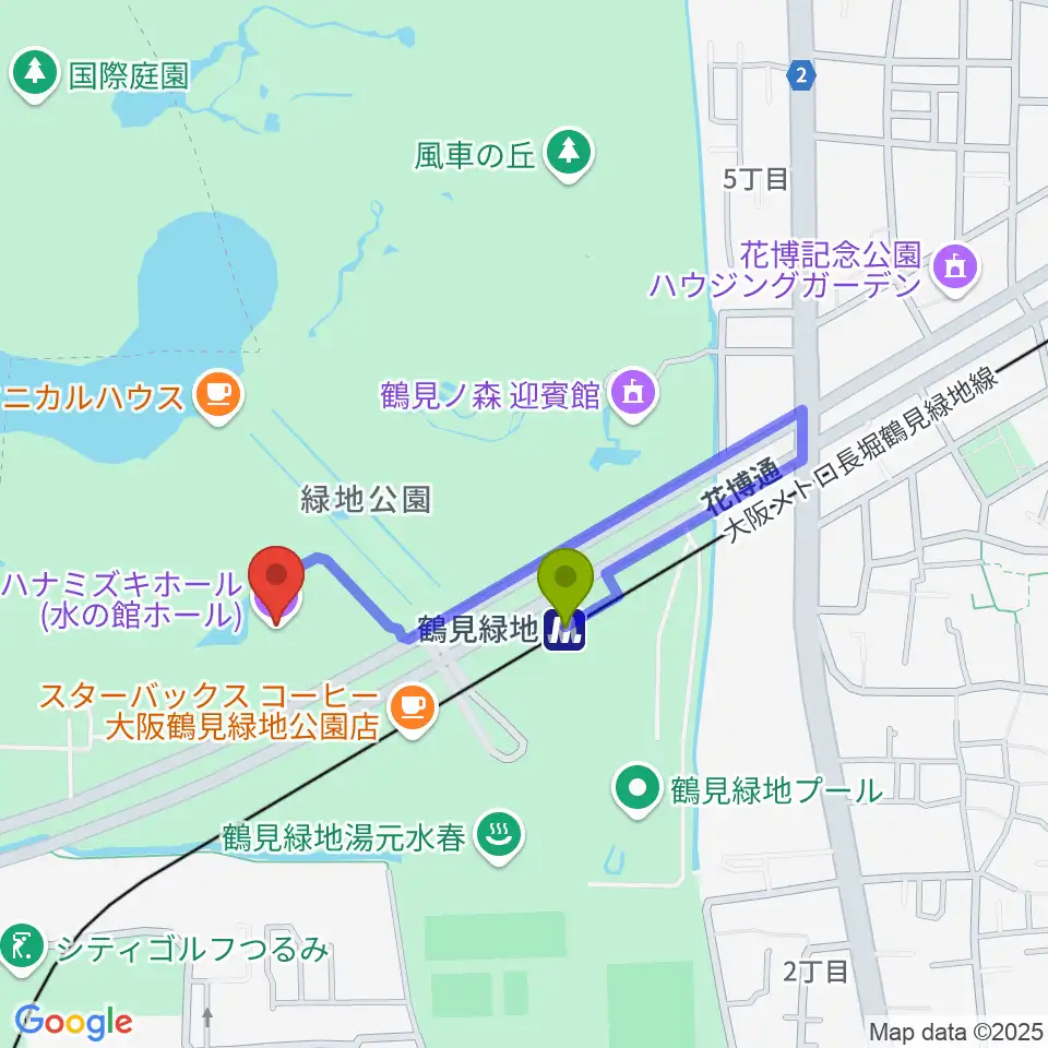 ハナミズキホールの最寄駅鶴見緑地駅からの徒歩ルート（約4分）地図