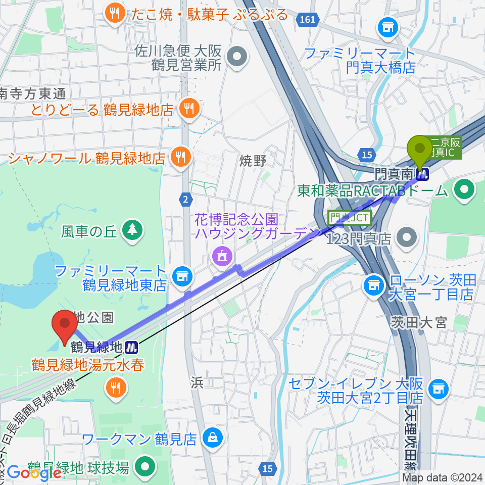 門真南駅からハナミズキホール（水の館ホール）へのルートマップ地図