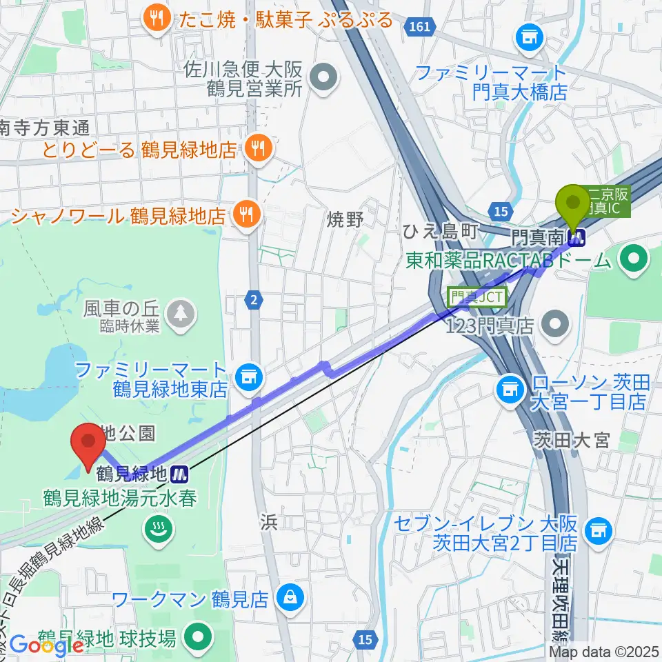 門真南駅からハナミズキホール（水の館ホール）へのルートマップ地図