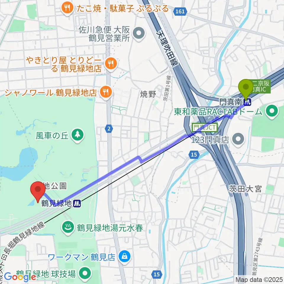 門真南駅からハナミズキホールへのルートマップ地図