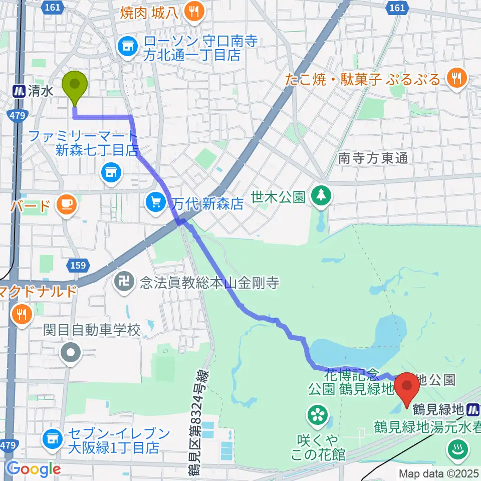 清水駅からハナミズキホール（水の館ホール）へのルートマップ地図