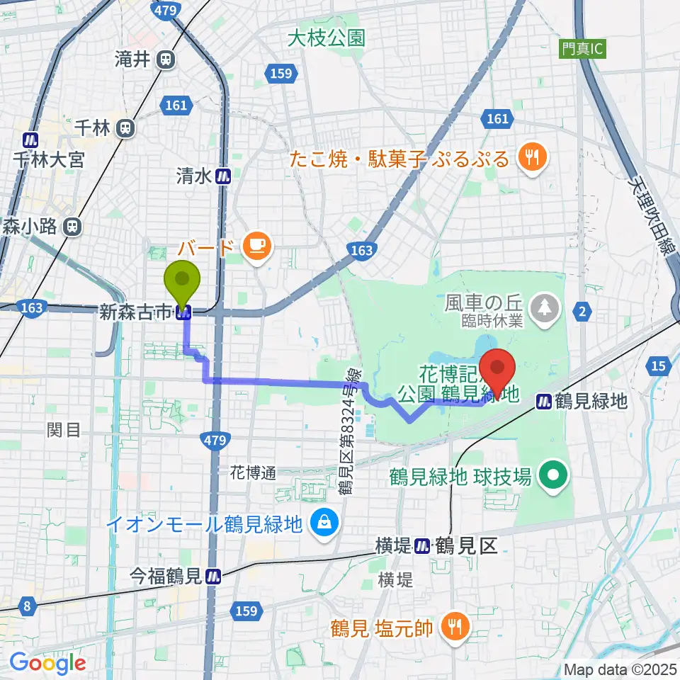 新森古市駅からハナミズキホール（水の館ホール）へのルートマップ地図
