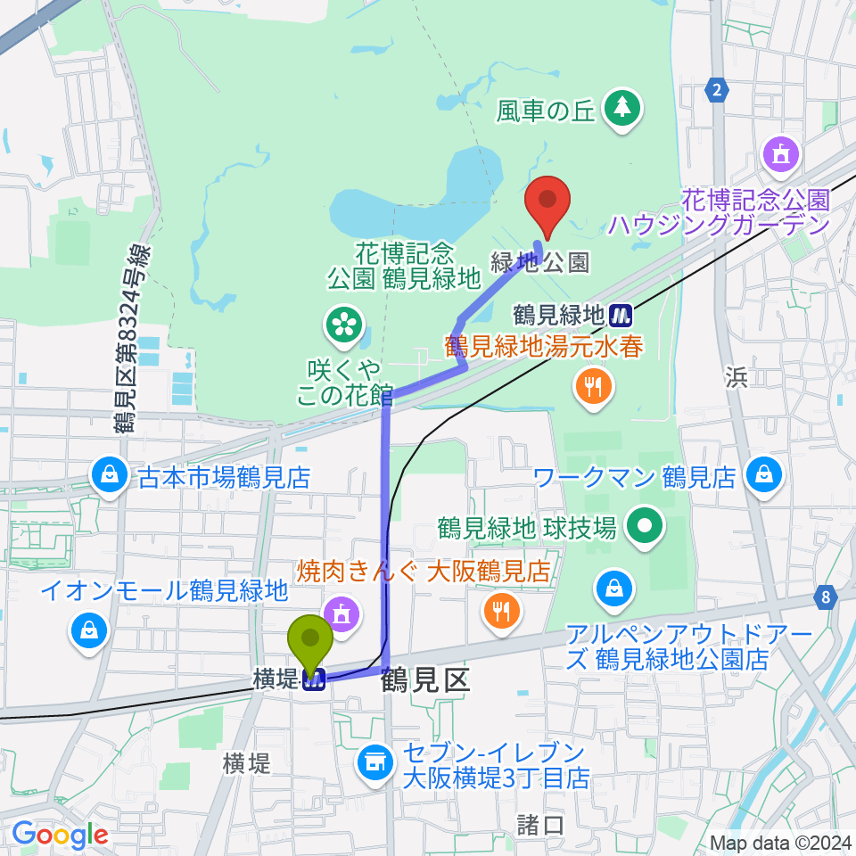 横堤駅から花博記念ホールへのルートマップ地図