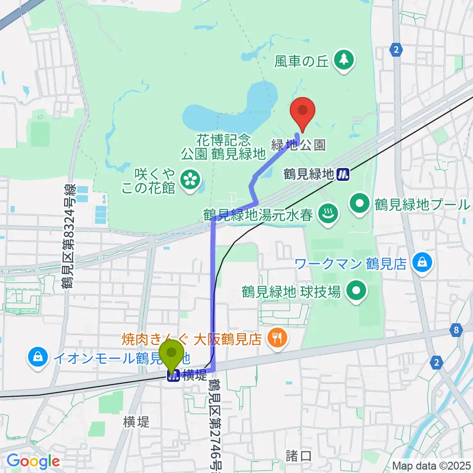 横堤駅から花博記念ホールへのルートマップ地図