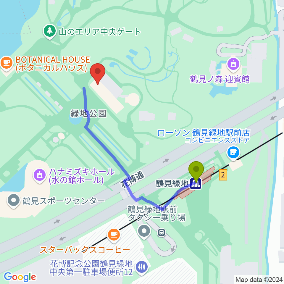 花博記念ホールの最寄駅鶴見緑地駅からの徒歩ルート（約4分）地図