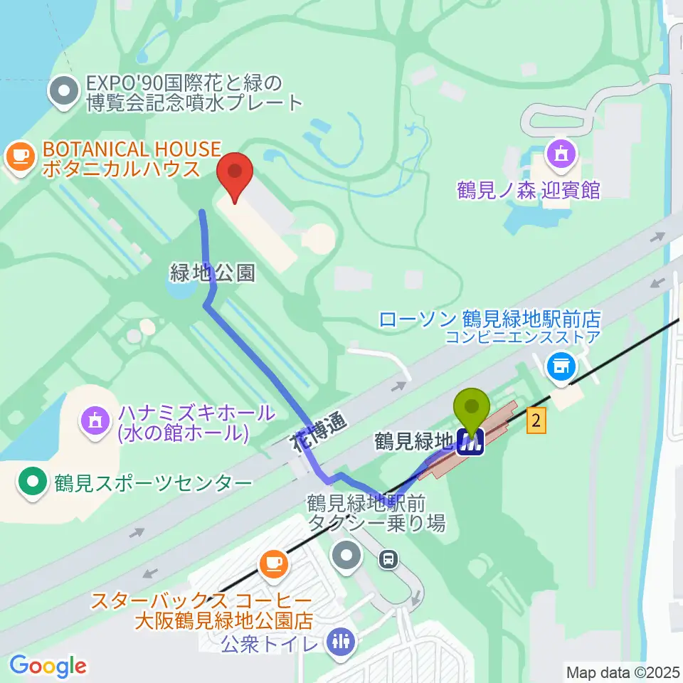 花博記念ホールの最寄駅鶴見緑地駅からの徒歩ルート（約4分）地図