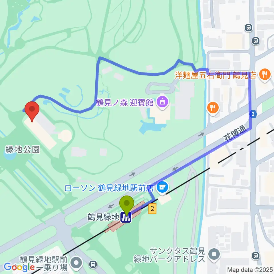 花博記念ホールの最寄駅鶴見緑地駅からの徒歩ルート（約4分）地図