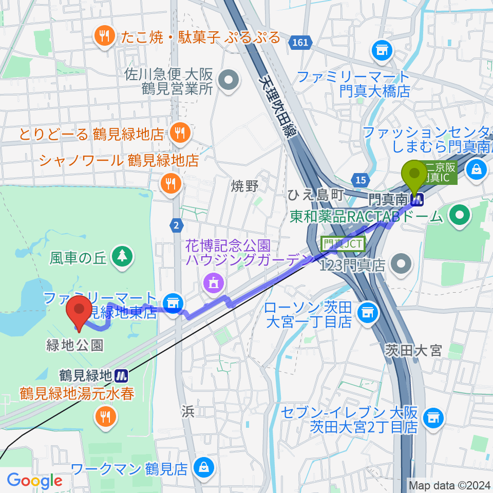 門真南駅から花博記念ホールへのルートマップ地図