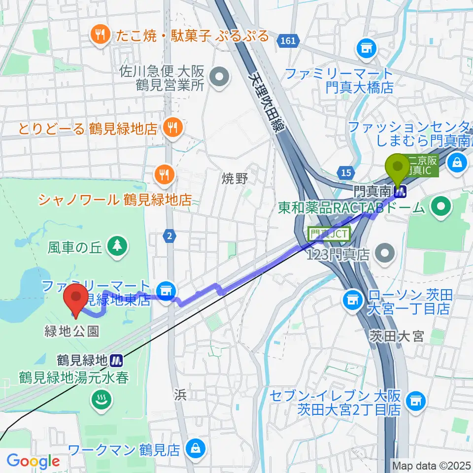 門真南駅から花博記念ホールへのルートマップ地図