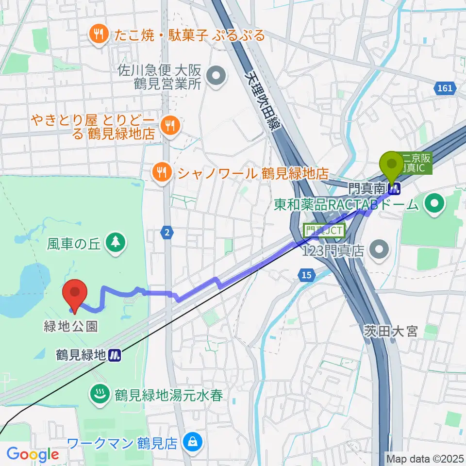 門真南駅から花博記念ホールへのルートマップ地図