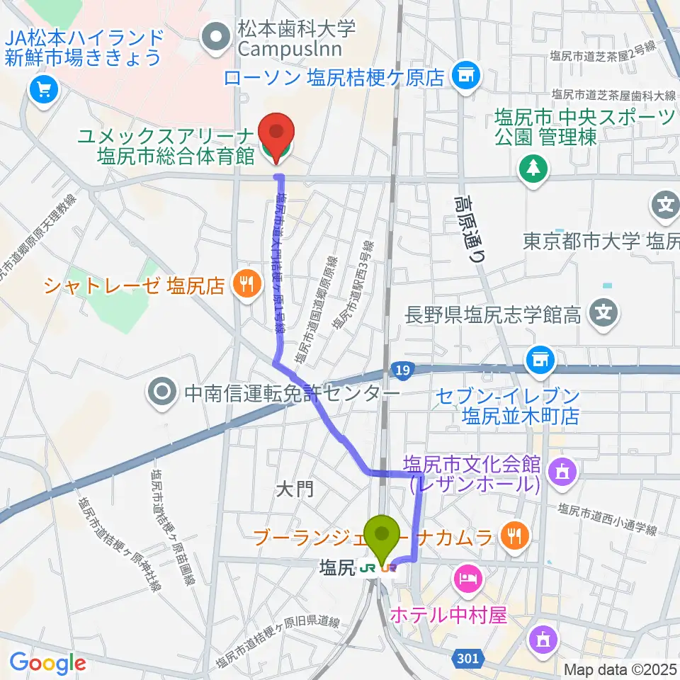 ユメックスアリーナの最寄駅塩尻駅からの徒歩ルート（約19分）地図