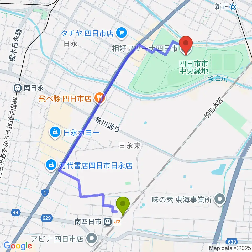 南四日市駅から四日市市総合体育館へのルートマップ Mdata