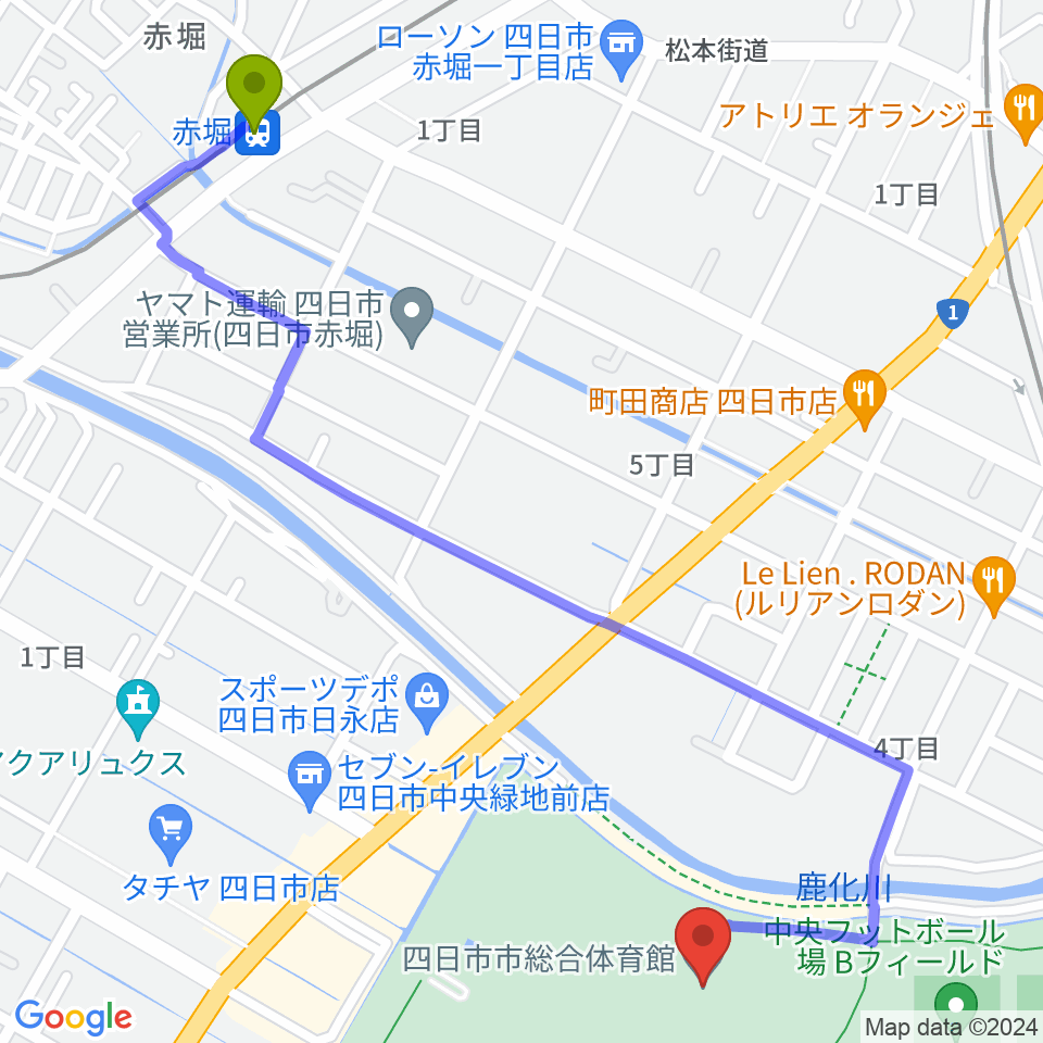 赤堀駅から四日市市総合体育館へのルートマップ地図