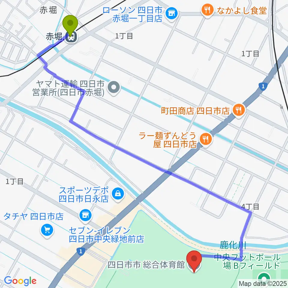 赤堀駅から四日市市総合体育館へのルートマップ地図