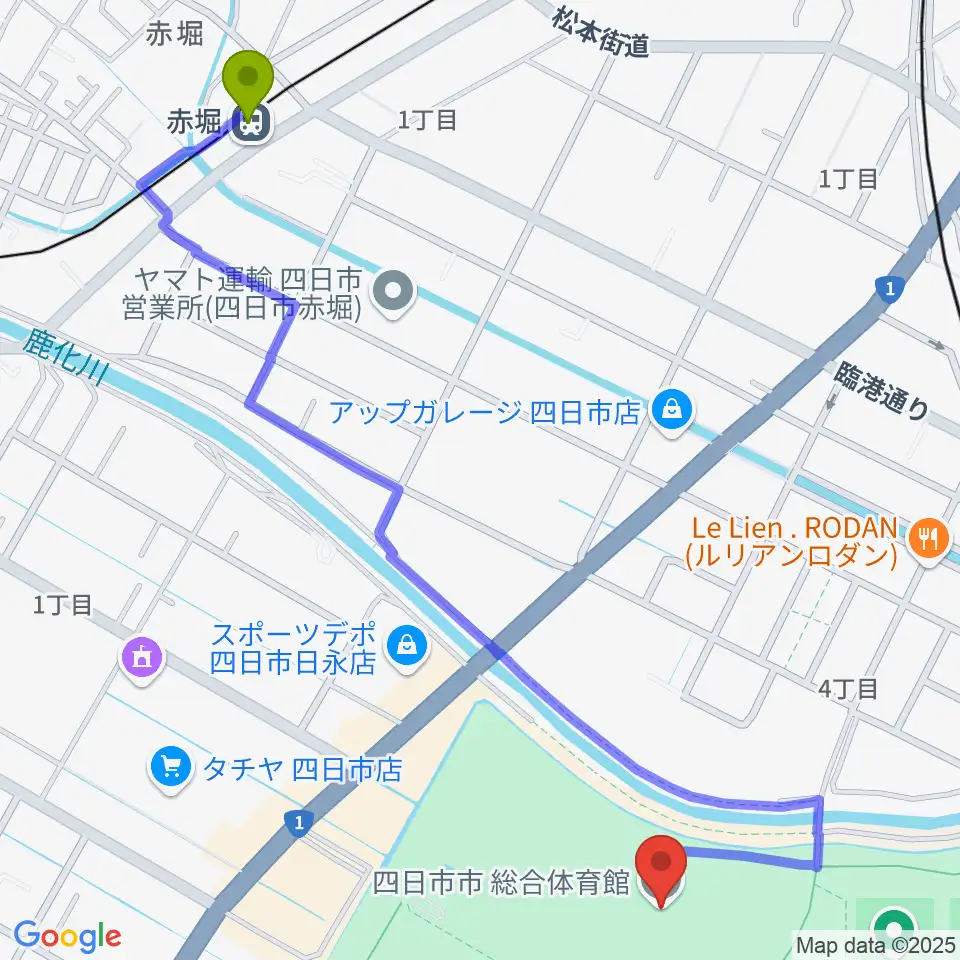 赤堀駅から相好アリーナ四日市へのルートマップ地図