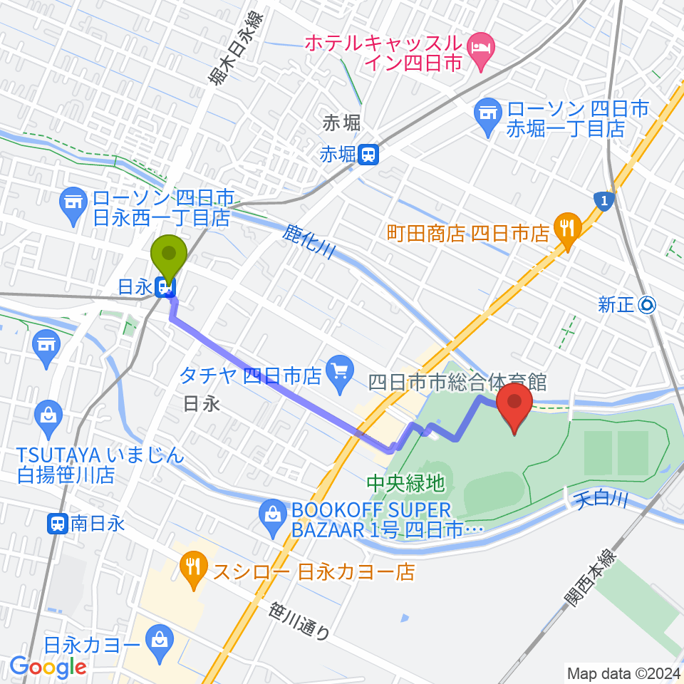 日永駅から四日市市総合体育館へのルートマップ地図