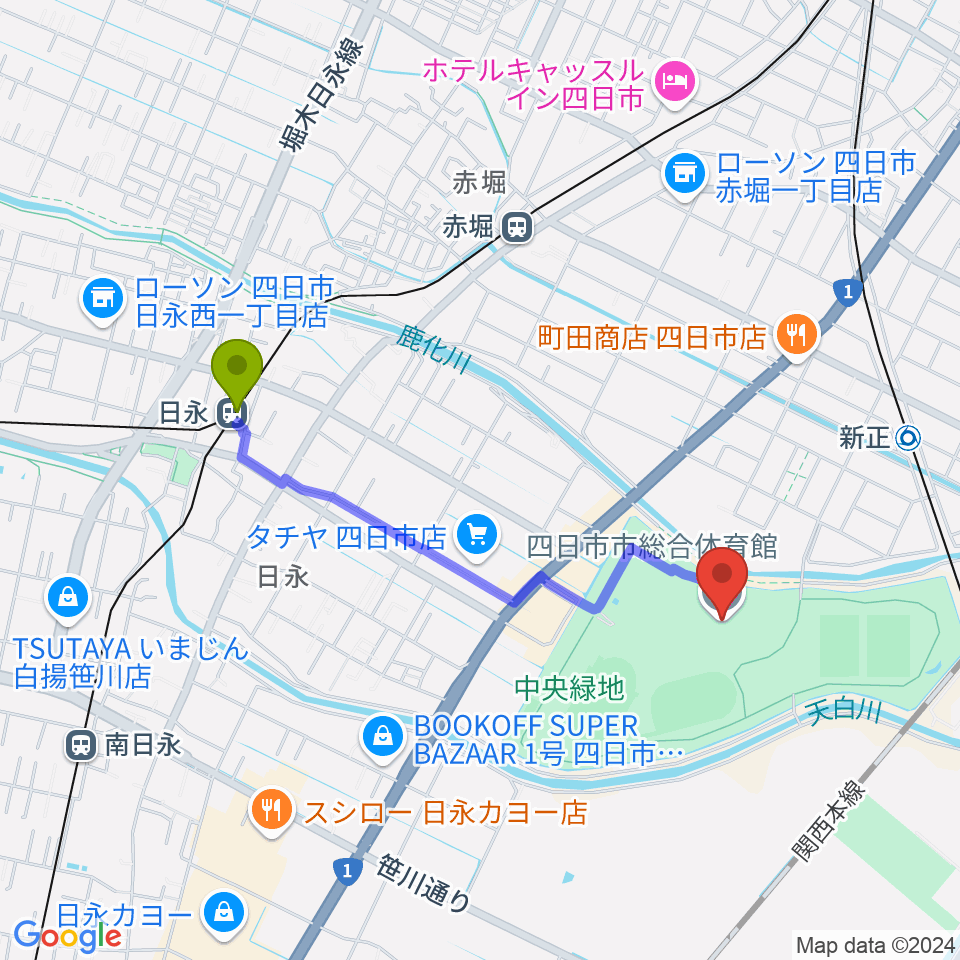 日永駅から四日市市総合体育館へのルートマップ地図