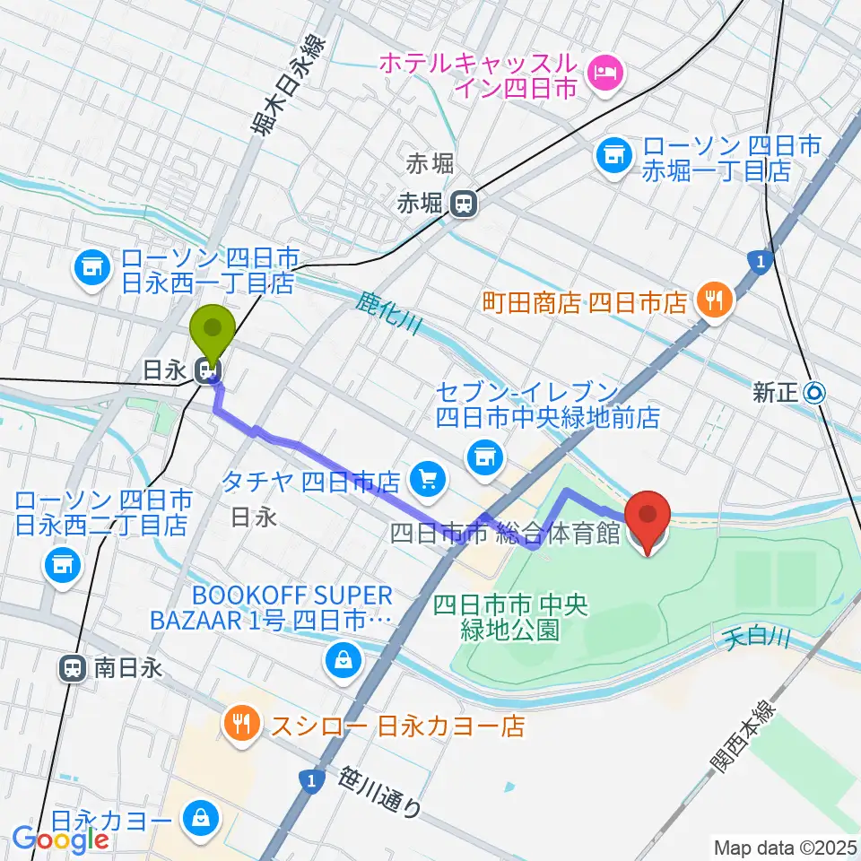 日永駅から四日市市総合体育館へのルートマップ地図