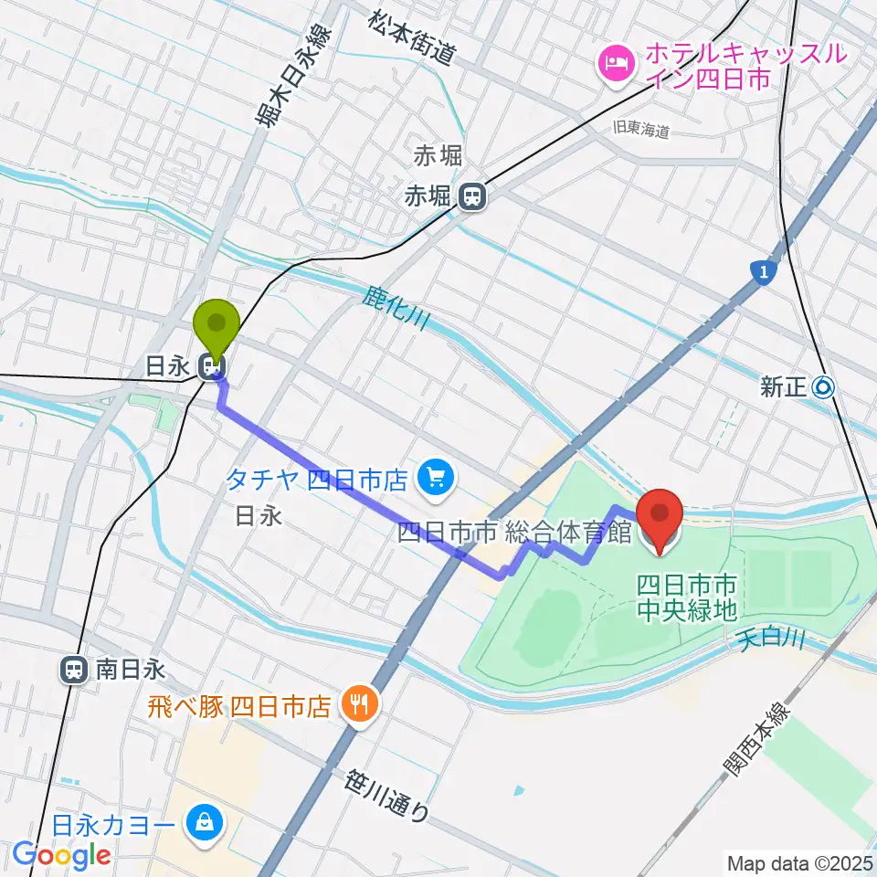 日永駅から相好アリーナ四日市へのルートマップ地図
