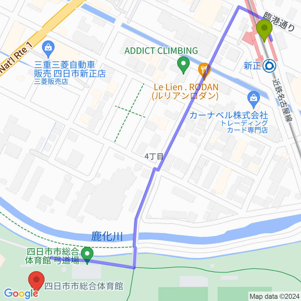 四日市市総合体育館の最寄駅新正駅からの徒歩ルート（約9分）地図