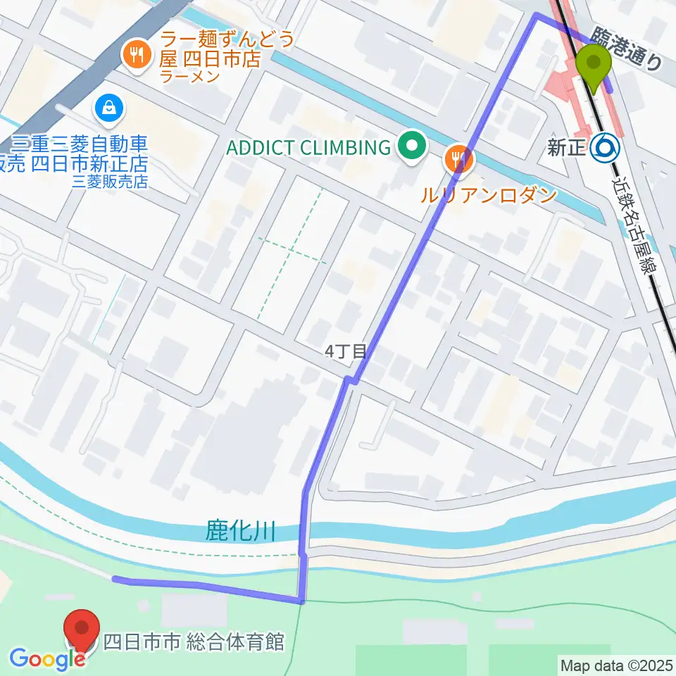 四日市市総合体育館の最寄駅新正駅からの徒歩ルート（約9分）地図