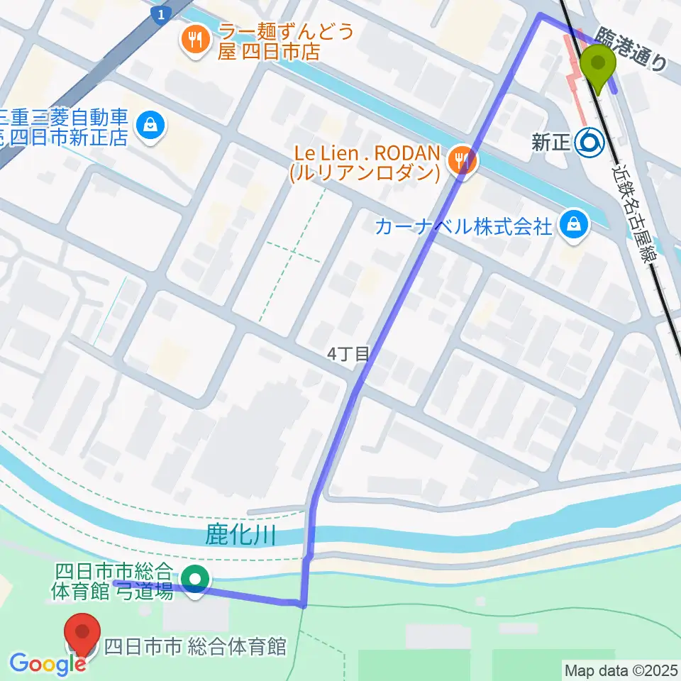 相好アリーナ四日市の最寄駅新正駅からの徒歩ルート（約9分）地図