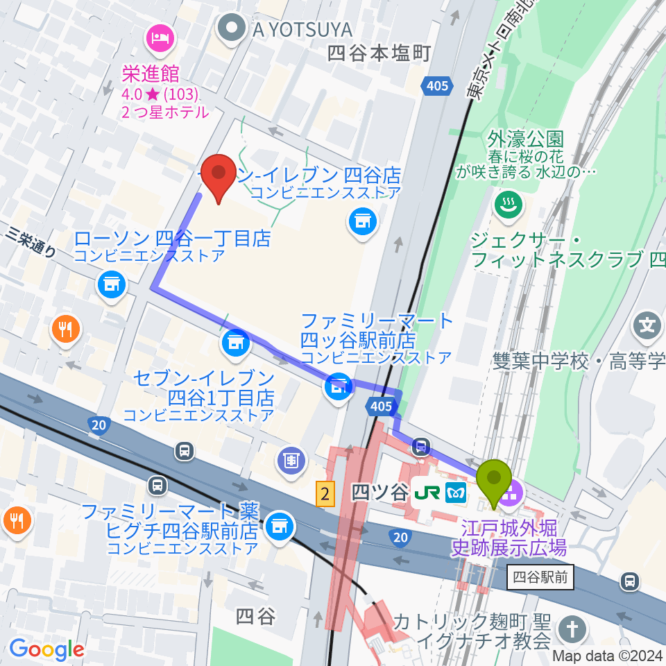 四谷スポーツスクエアの最寄駅四ツ谷駅からの徒歩ルート（約5分）地図