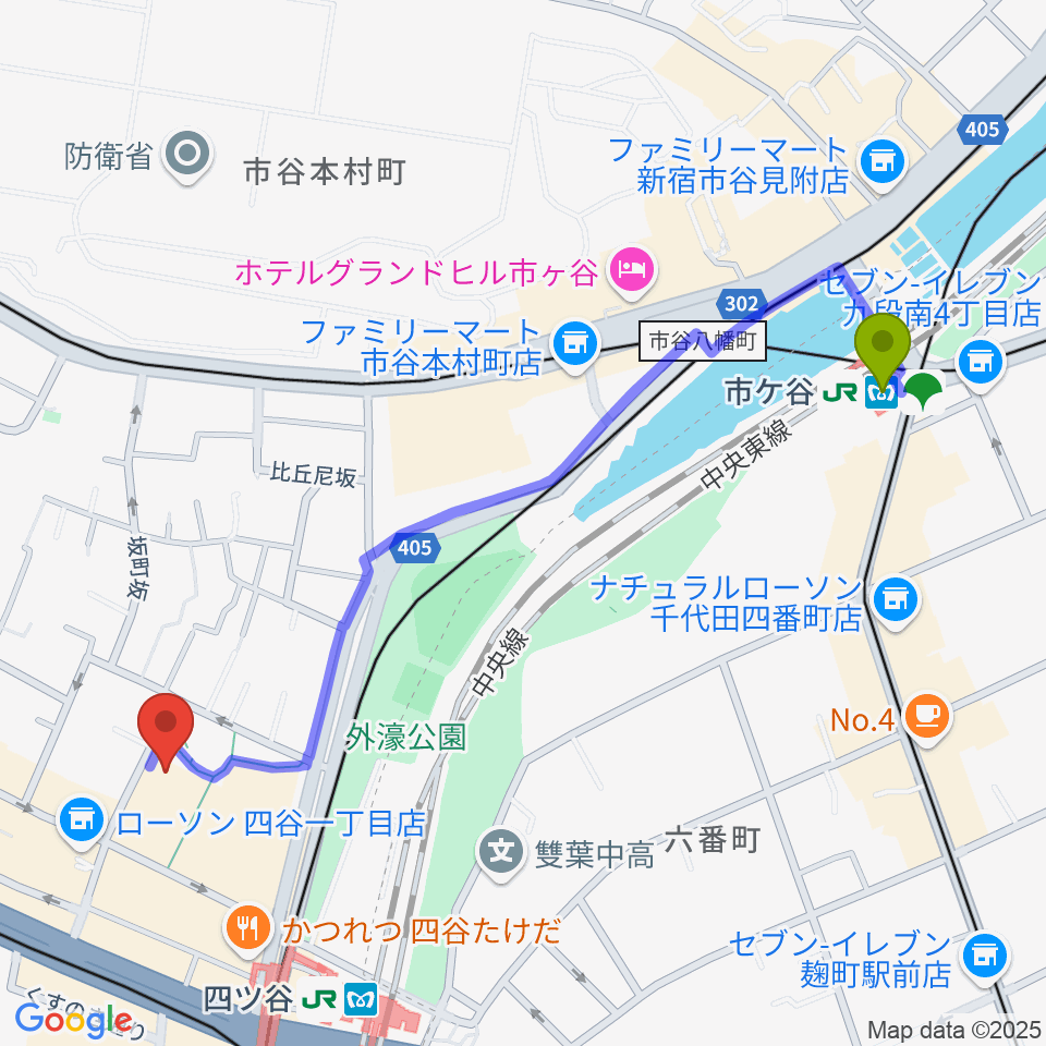 市ケ谷駅から四谷スポーツスクエアへのルートマップ地図