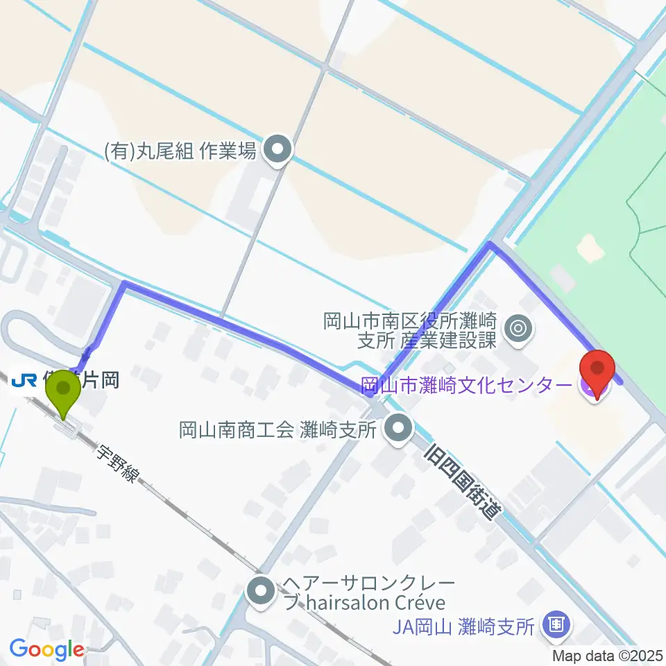 岡山市灘崎文化センターの最寄駅備前片岡駅からの徒歩ルート（約6分）地図