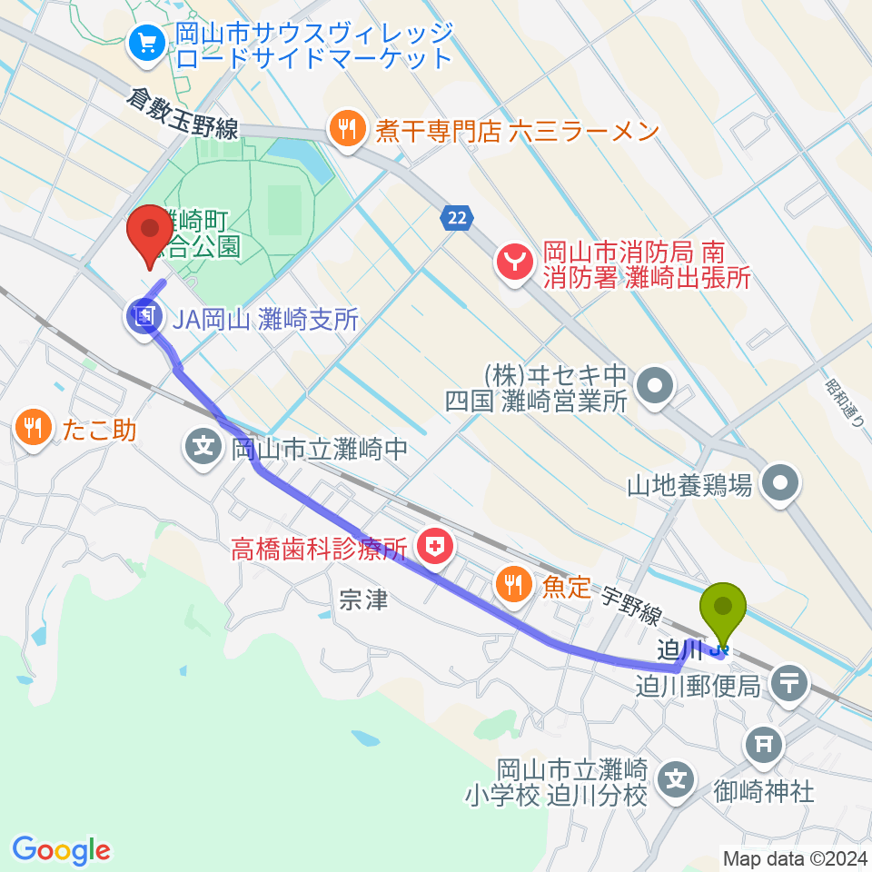 迫川駅から岡山市灘崎文化センターへのルートマップ地図