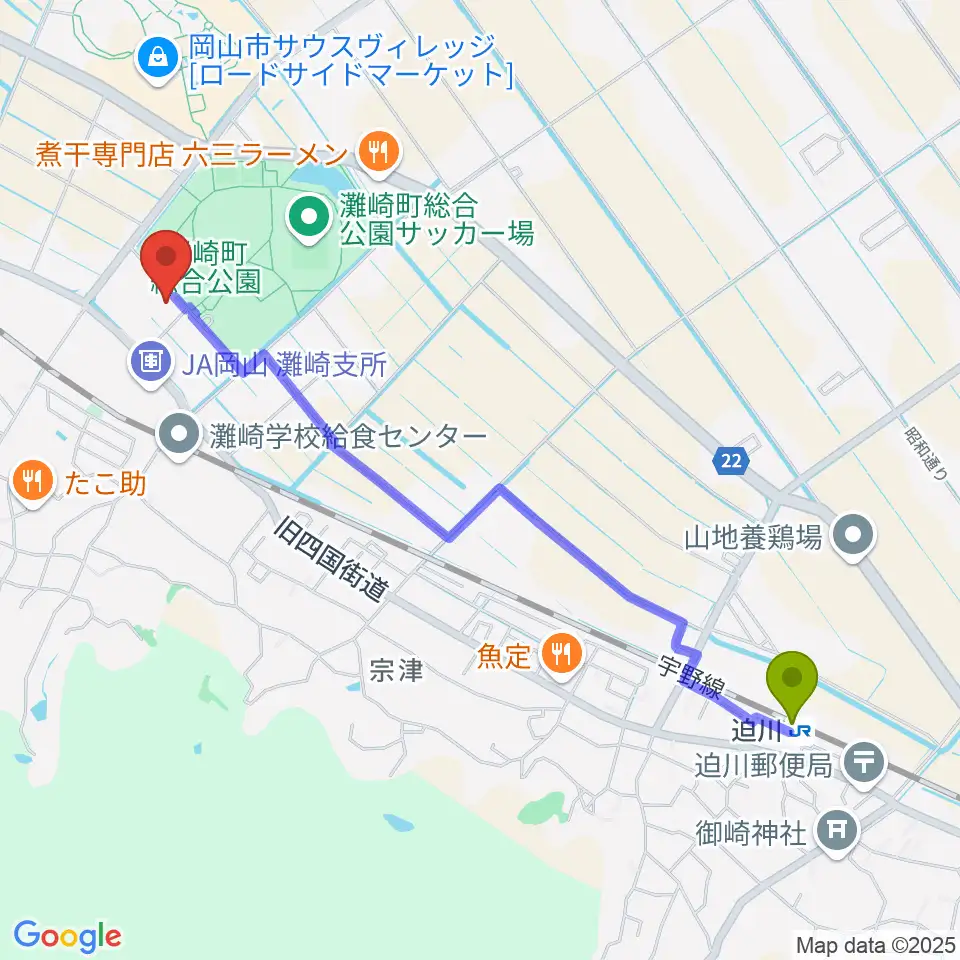 迫川駅から岡山市灘崎文化センターへのルートマップ地図