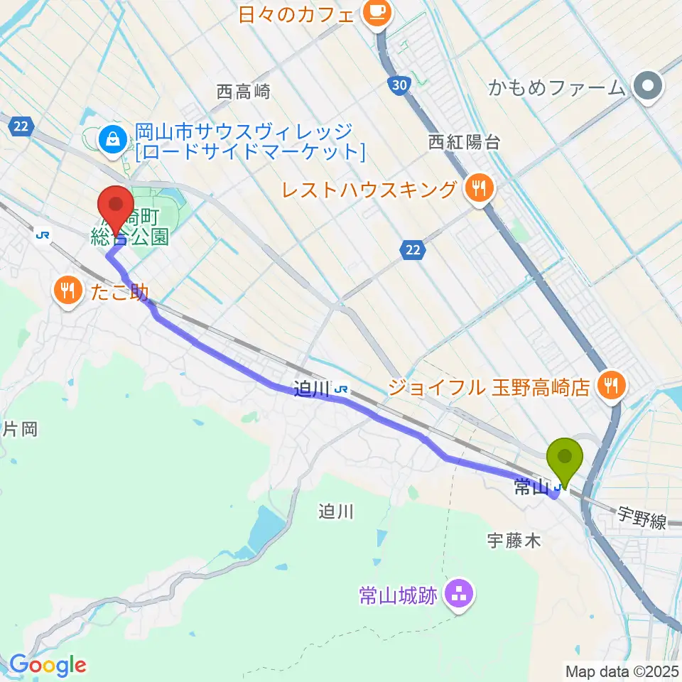 常山駅から岡山市灘崎文化センターへのルートマップ地図