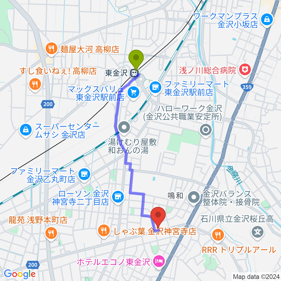 篠田楽器の最寄駅東金沢駅からの徒歩ルート（約17分）地図