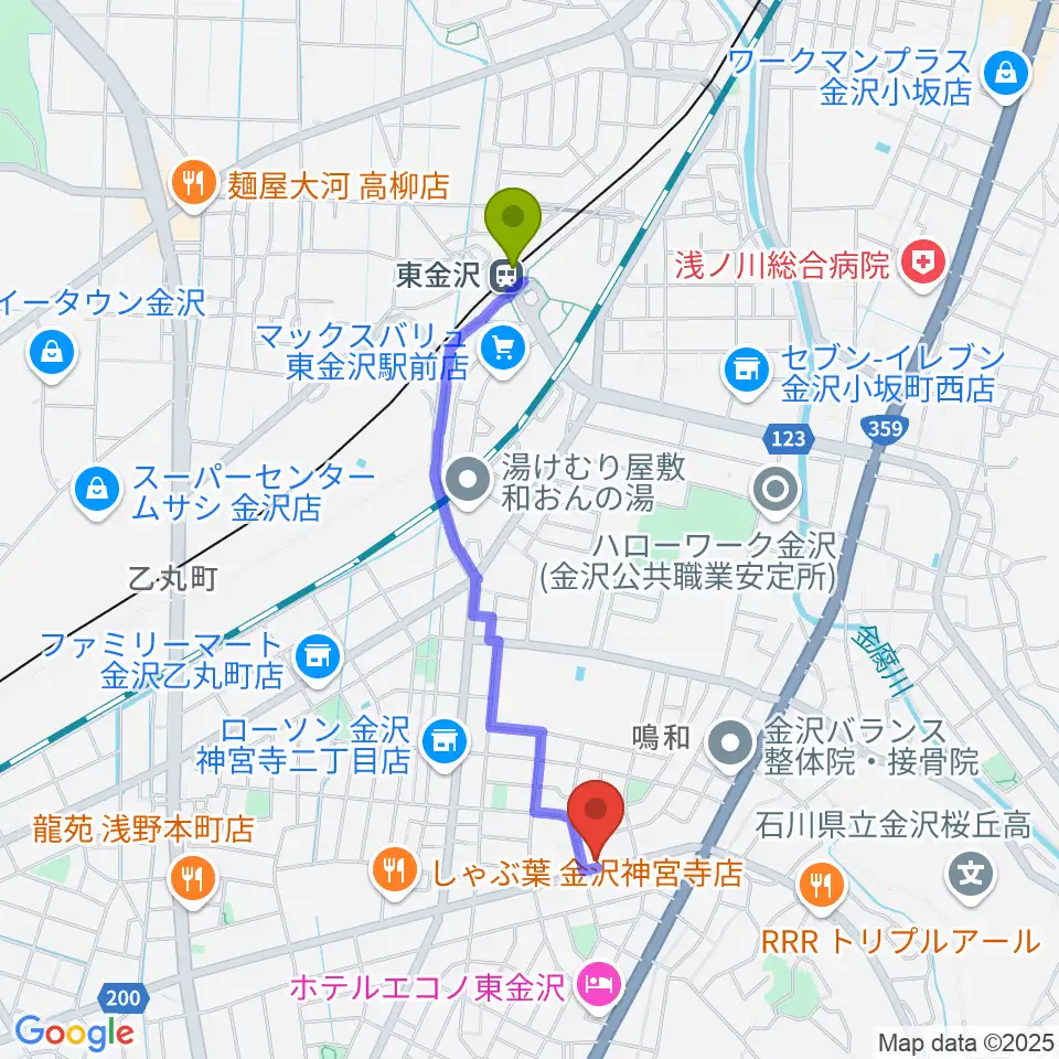 篠田楽器の最寄駅東金沢駅からの徒歩ルート（約17分）地図