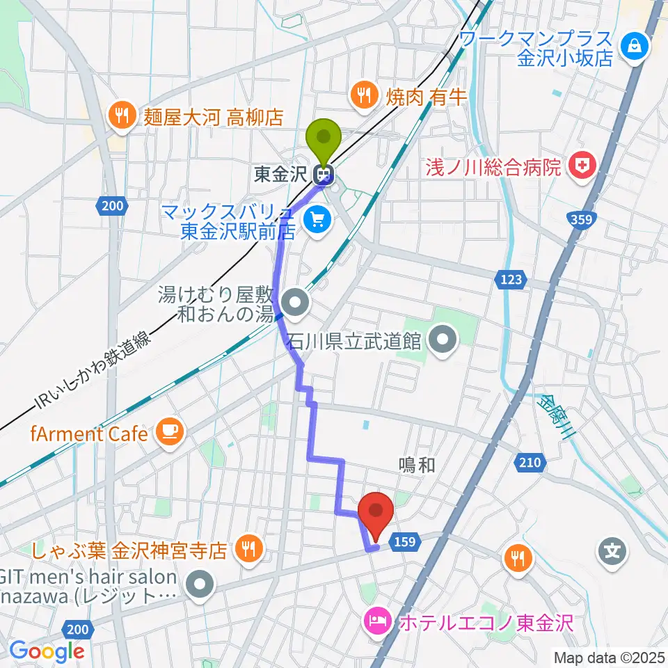 篠田楽器の最寄駅東金沢駅からの徒歩ルート（約17分）地図