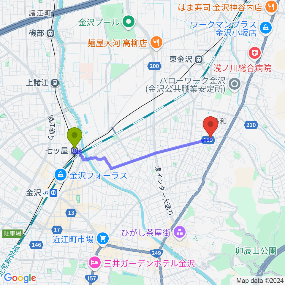 七ツ屋駅から篠田楽器へのルートマップ地図