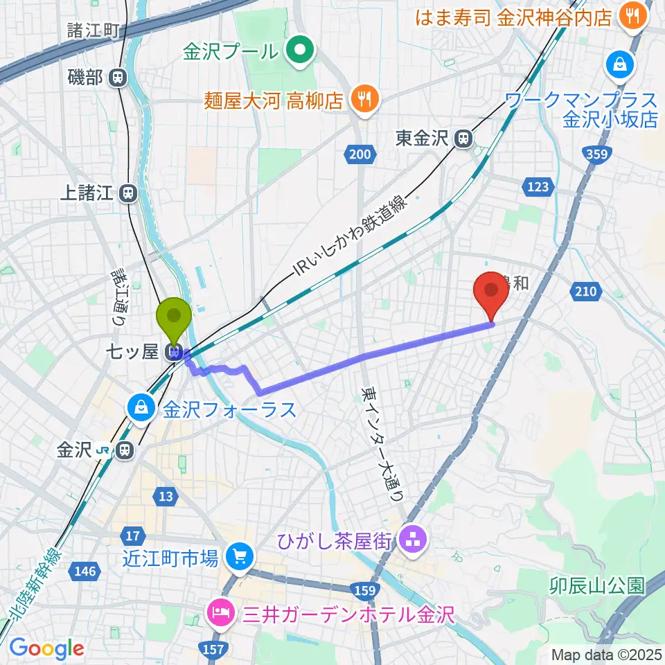 七ツ屋駅から篠田楽器へのルートマップ地図