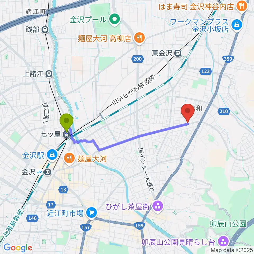 七ツ屋駅から篠田楽器へのルートマップ地図