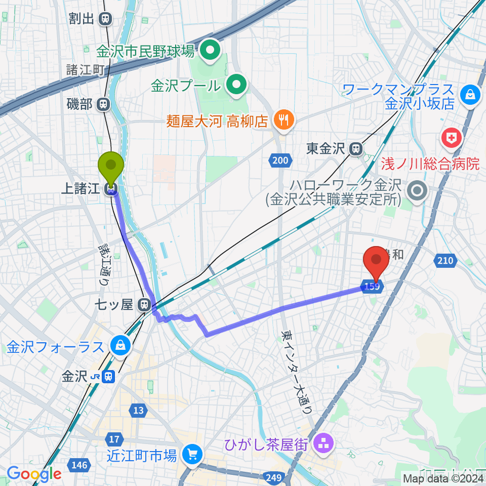 上諸江駅から篠田楽器へのルートマップ地図