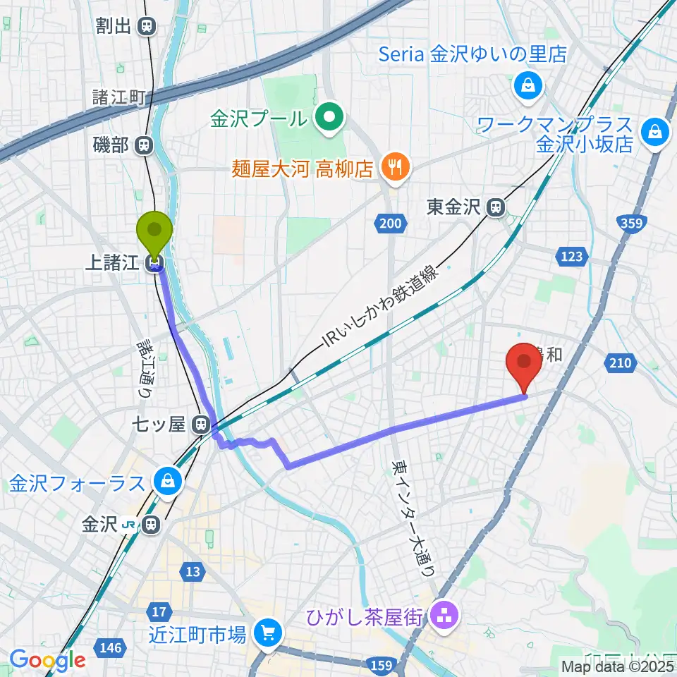 上諸江駅から篠田楽器へのルートマップ地図