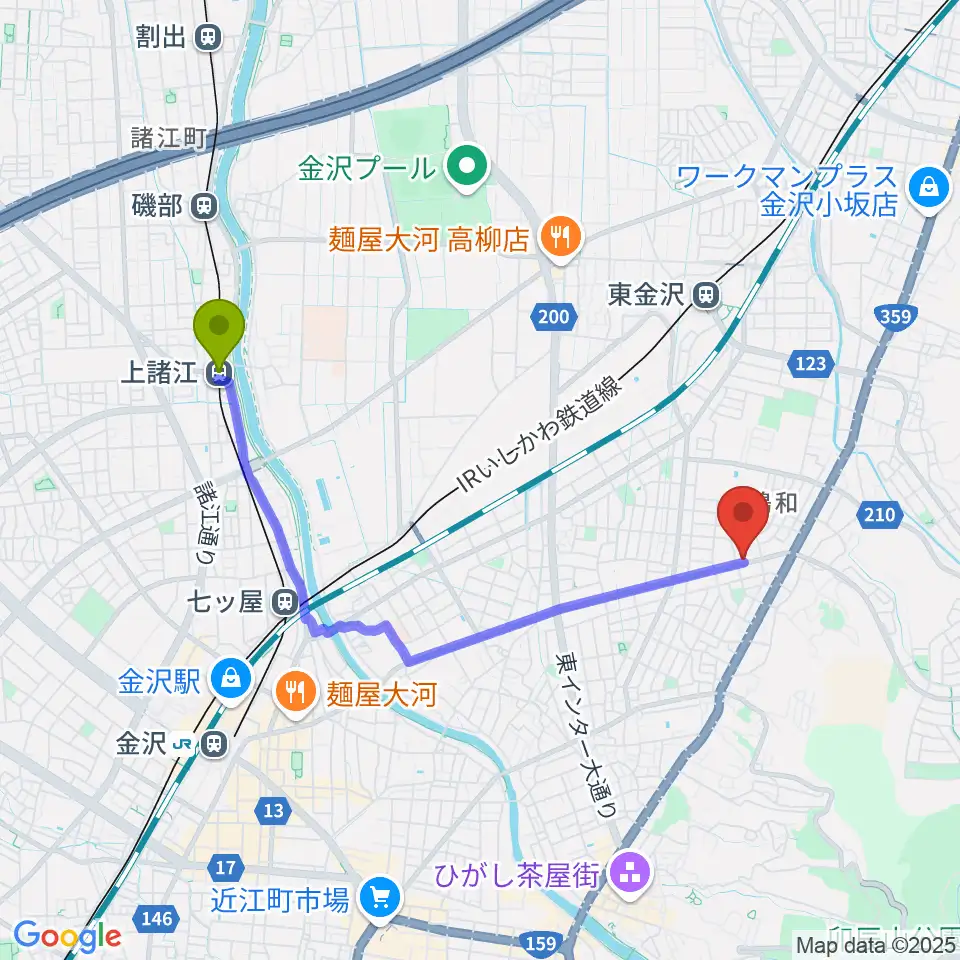上諸江駅から篠田楽器へのルートマップ地図