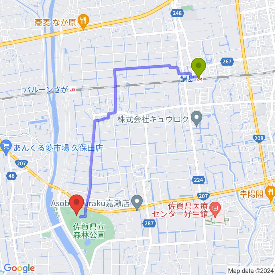 鍋島駅からさがみどりの森球場へのルートマップ地図