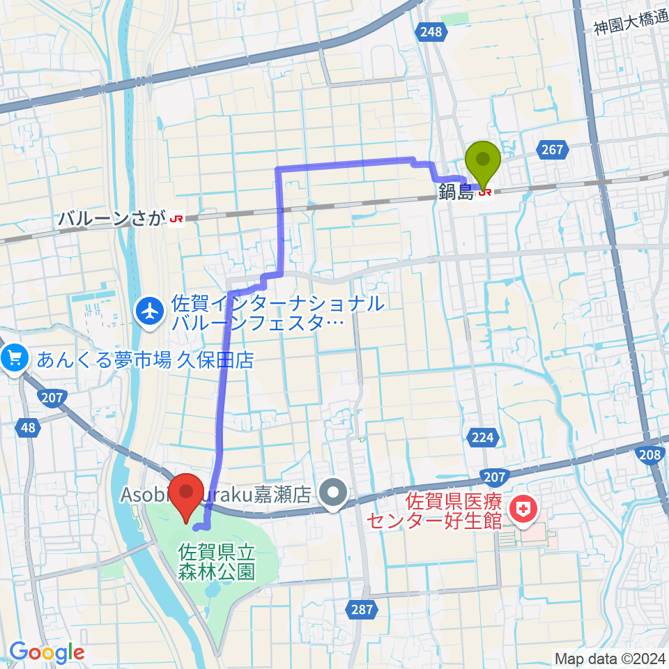 鍋島駅からさがみどりの森球場へのルートマップ地図