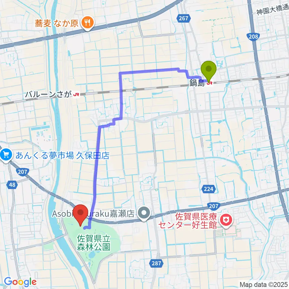 鍋島駅からさがみどりの森球場へのルートマップ地図