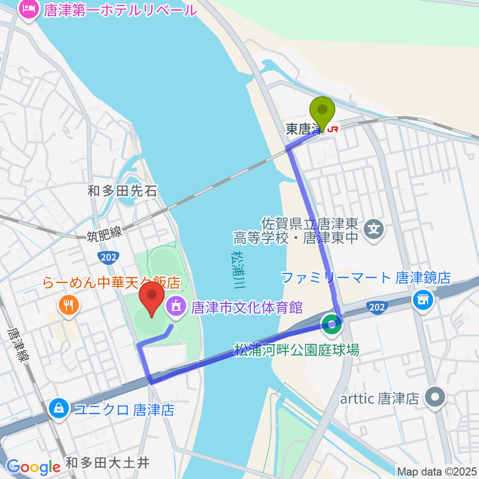 東唐津駅からSHOWAハンバーガースタジアム唐津へのルートマップ地図