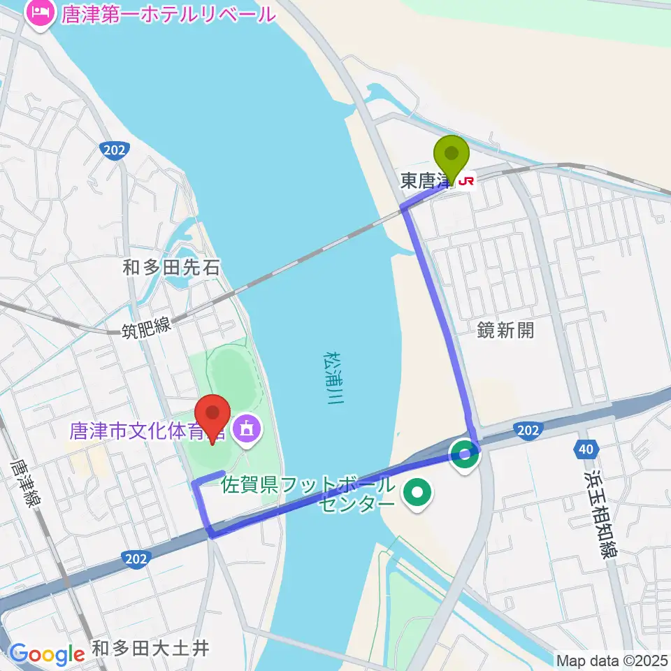 東唐津駅からSHOWAハンバーガースタジアム唐津へのルートマップ地図