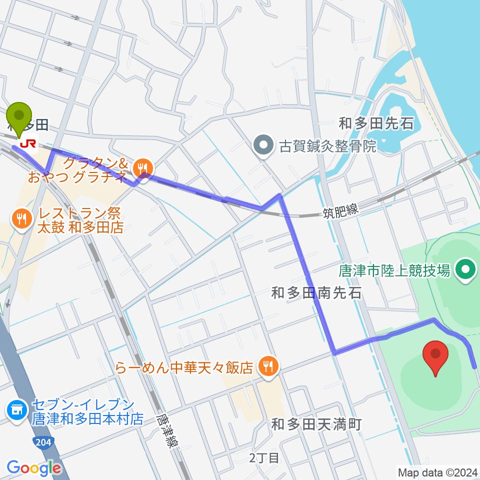 SHOWAハンバーガースタジアム唐津の最寄駅和多田駅からの徒歩ルート（約16分）地図