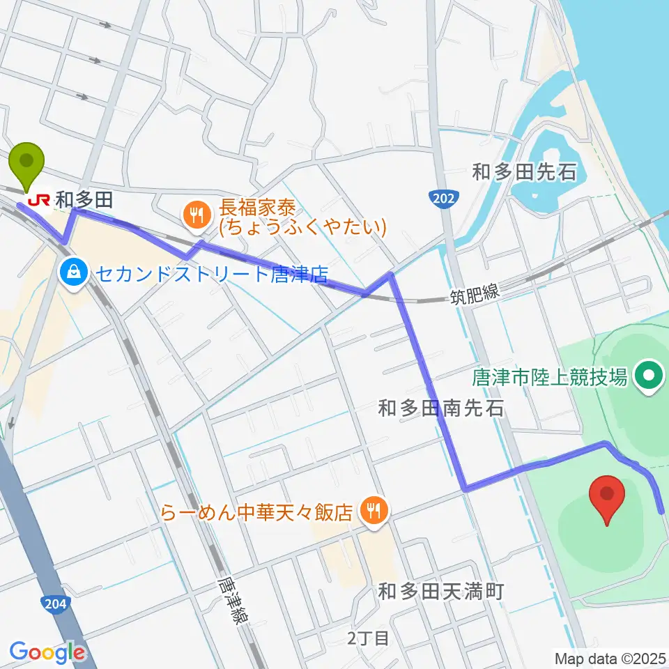 SHOWAハンバーガースタジアム唐津の最寄駅和多田駅からの徒歩ルート（約16分）地図