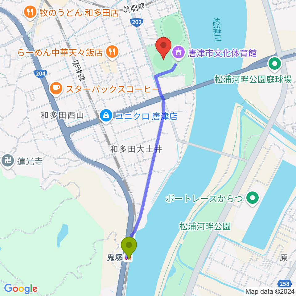 鬼塚駅からSHOWAハンバーガースタジアム唐津へのルートマップ地図